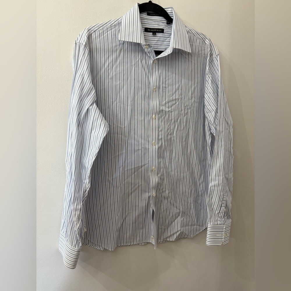 John Varvatos Blue and White Striped Dress Shirt- size 16 long. Superfine cotton